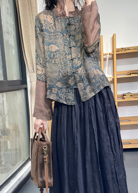 Vintage Blue Stand Collar Print Chinese Button Ramie Linen Top Long Sleeve OO001