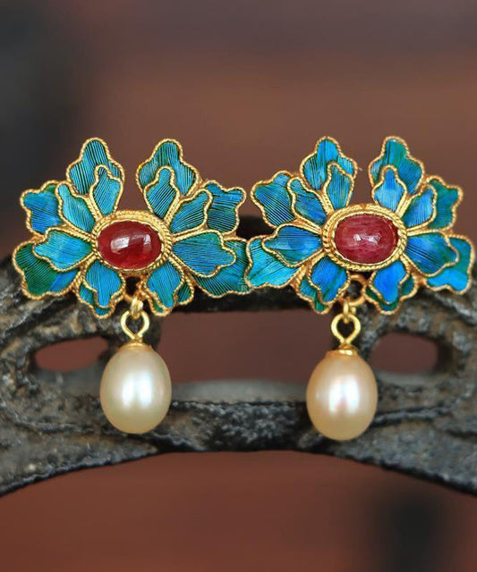 Vintage Blaue Sterling Silber Overgild Perle Cloisonné Achat Tropfen Ohrringe TS021