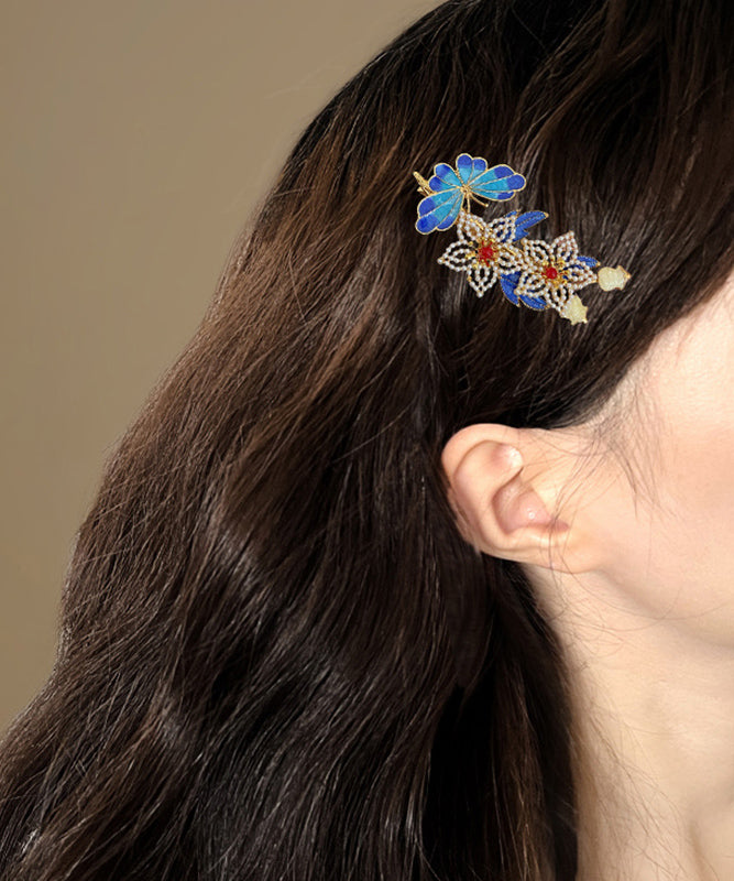 Vintage Blaue Sterling Silber Overgild Perle Cloisonné Floral Haarnadel TS005