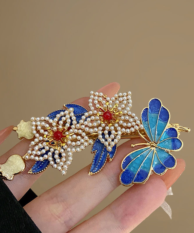 Vintage Blaue Sterling Silber Overgild Perle Cloisonné Floral Haarnadel TS005