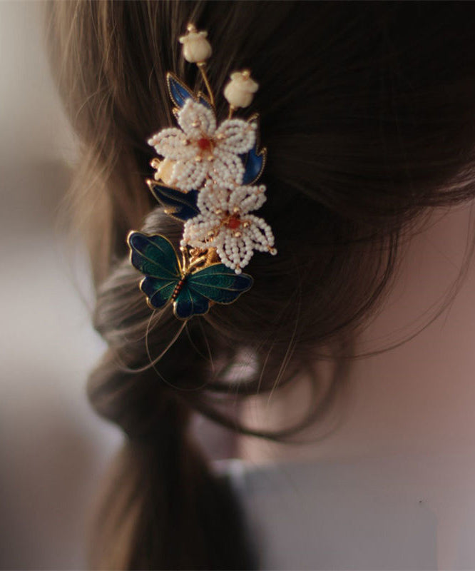 Vintage Blaue Sterling Silber Overgild Perle Cloisonné Floral Haarnadel TS005