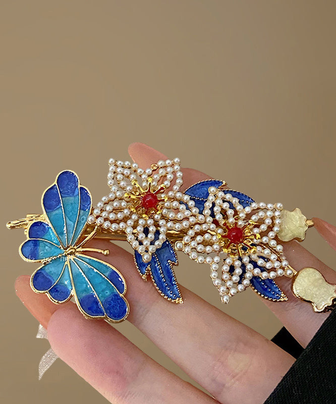 Vintage Blaue Sterling Silber Overgild Perle Cloisonné Floral Haarnadel TS005