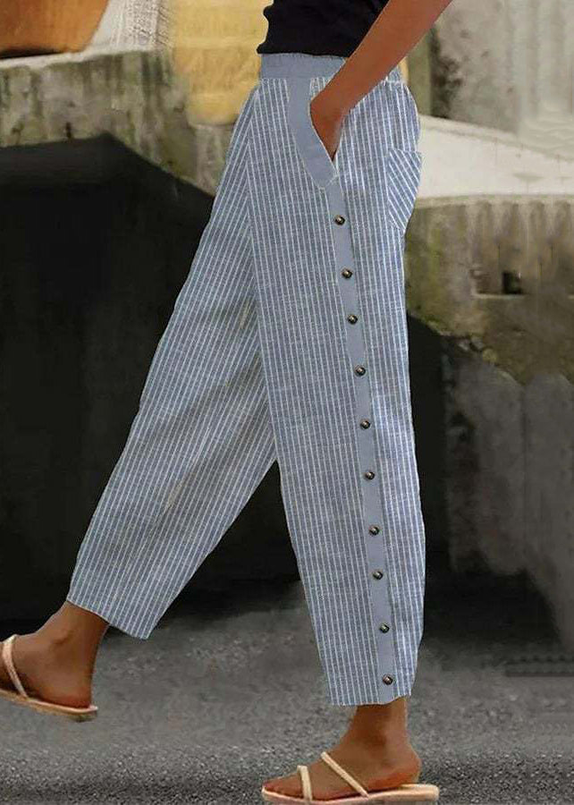 Pantalon court en coton taille haute à rayures bleues vintage pour l'été QA028