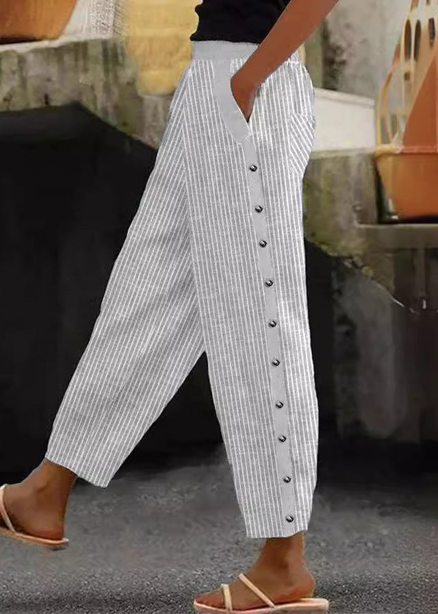 Pantalon court en coton taille haute à rayures bleues vintage pour l'été QA028