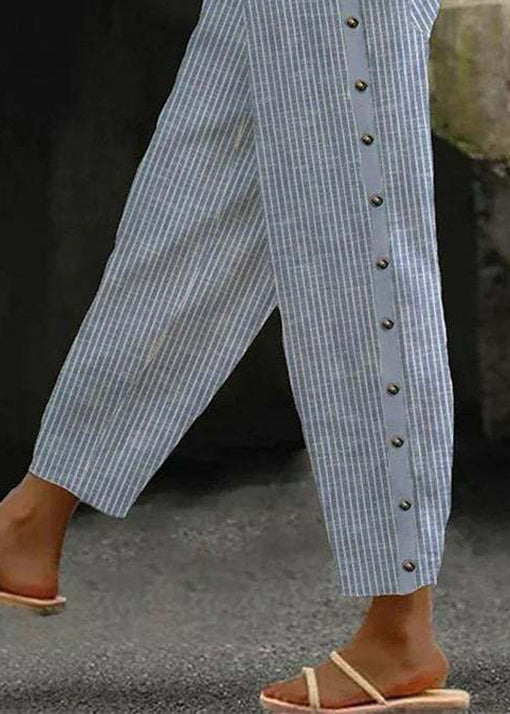 Pantalon court en coton taille haute à rayures bleues vintage pour l'été QA028