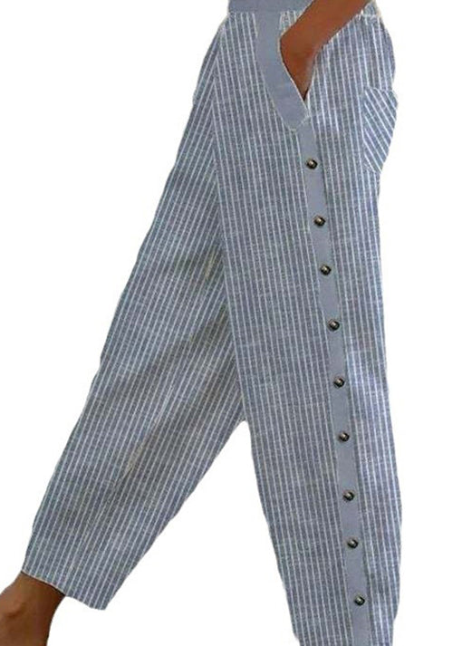 Pantalon court en coton taille haute à rayures bleues vintage pour l'été QA028