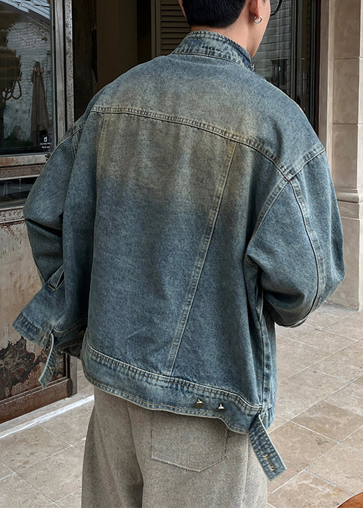 Denim Herren Mantel TC048 Reißverschluss Blau Vintage Frühling Taschen