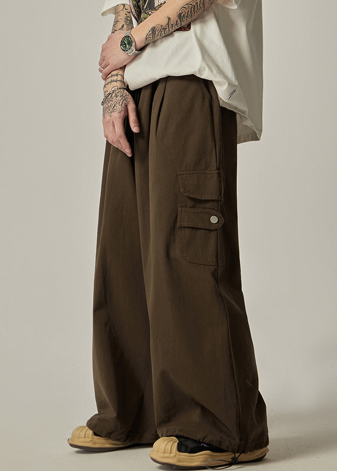 Pantalon à poches et cordon de serrage, coupe large, marron vintage, en coton, pour homme