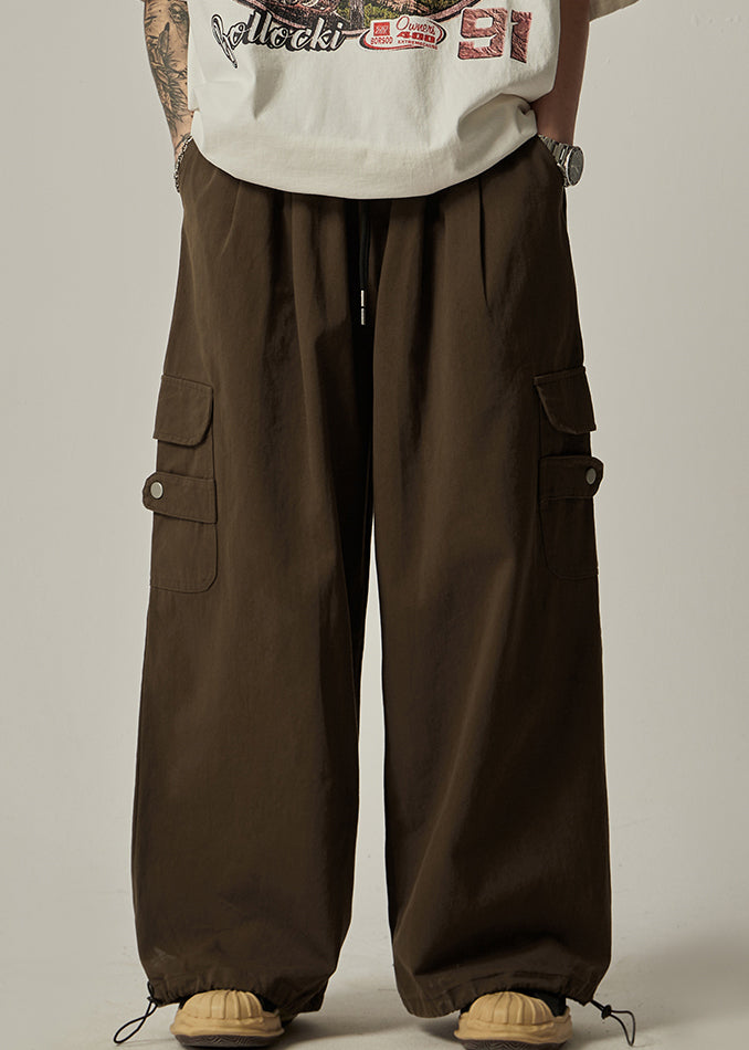 Pantalon à poches et cordon de serrage, coupe large, marron vintage, en coton, pour homme