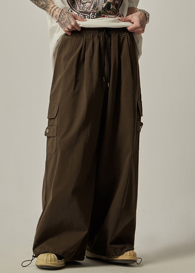 Pantalon à poches et cordon de serrage, coupe large, marron vintage, en coton, pour homme