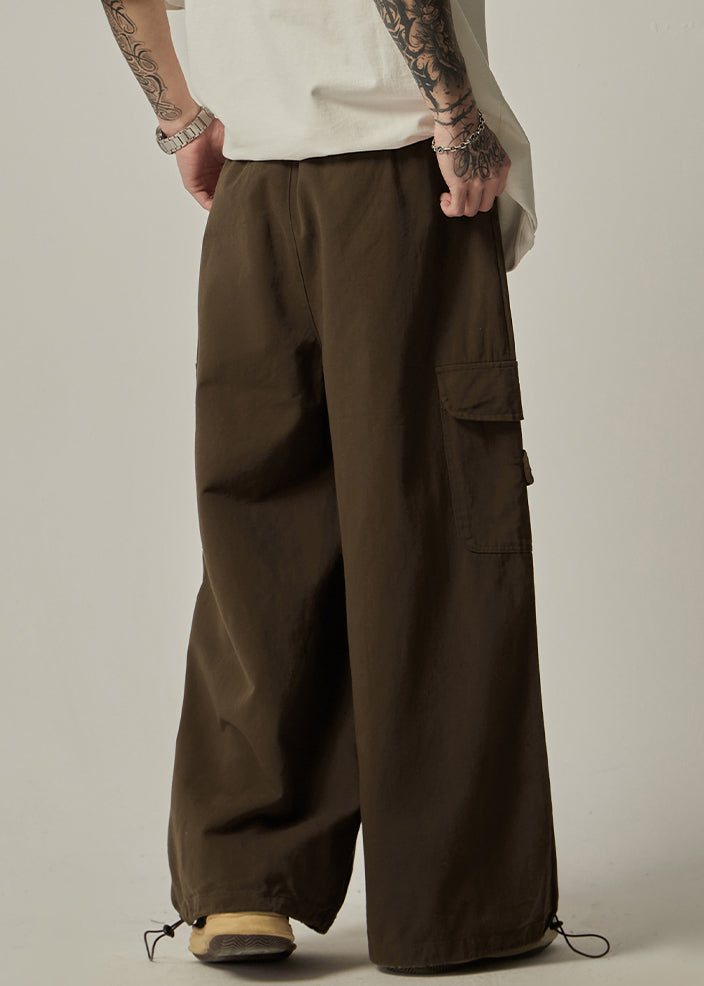 Pantalon à poches et cordon de serrage, coupe large, marron vintage, en coton, pour homme