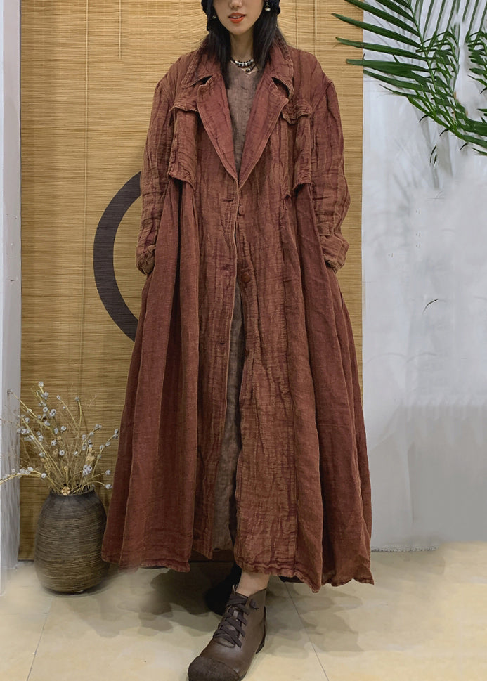 Trench-coat vintage en lin à boutons crantés caramel printemps AA1006