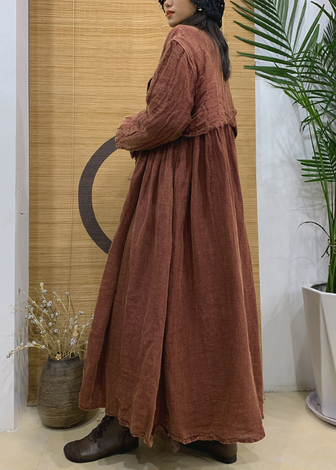 Trench-coat vintage en lin à boutons crantés caramel printemps AA1006