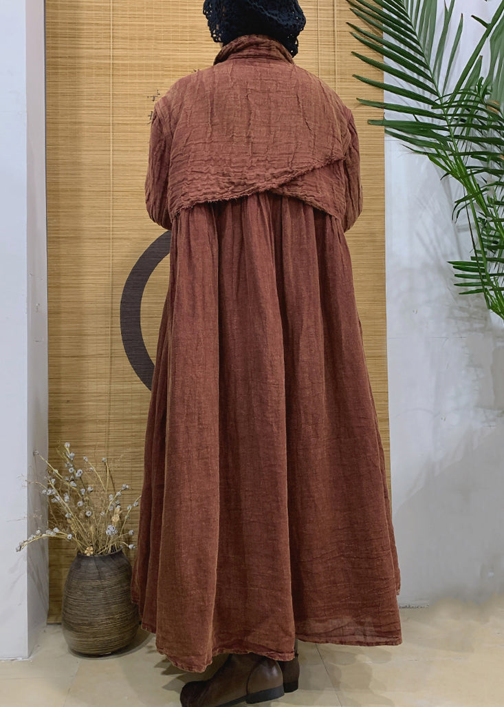 Trench-coat vintage en lin à boutons crantés caramel printemps AA1006