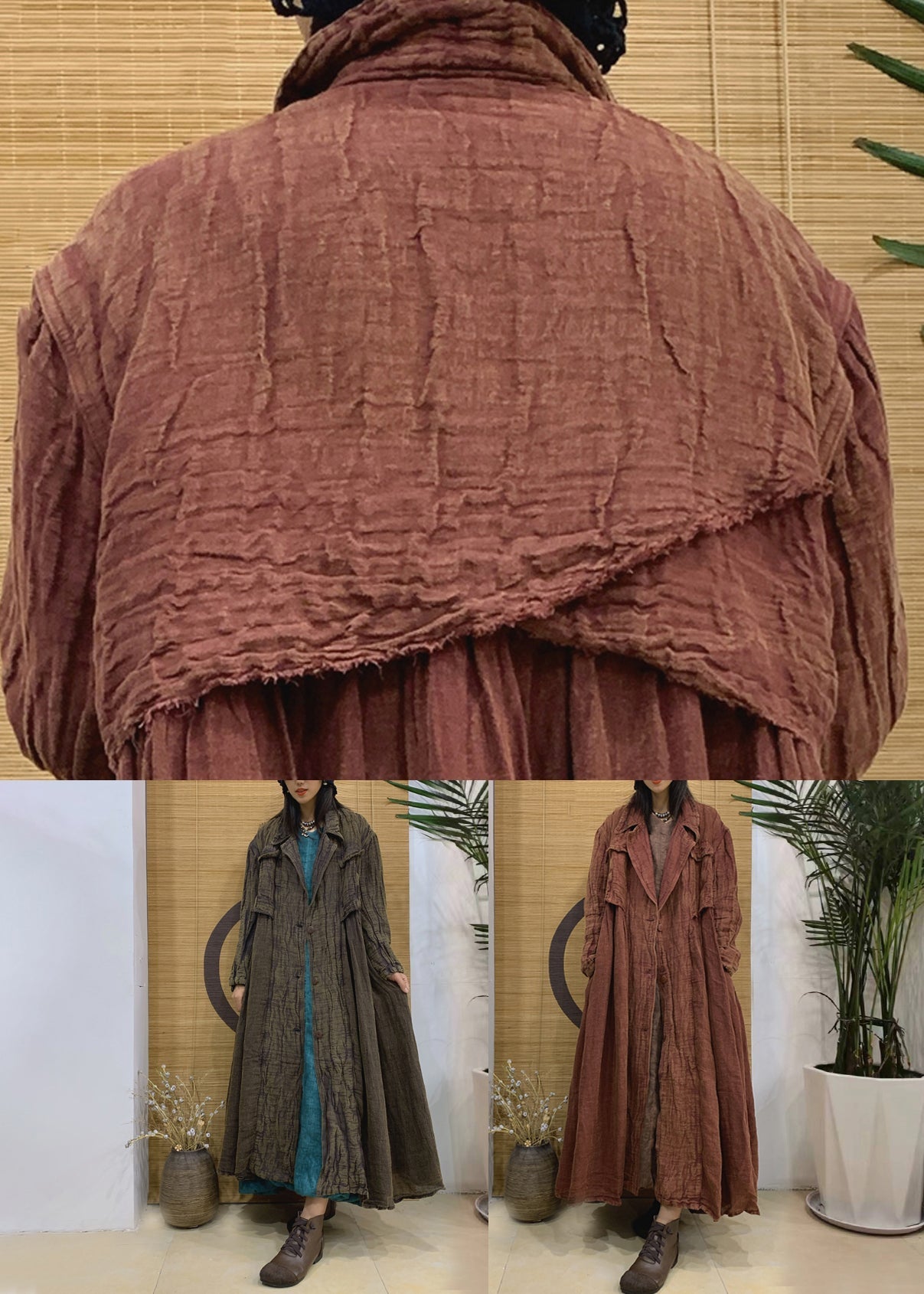 Trench-coat vintage en lin à boutons crantés caramel printemps AA1006