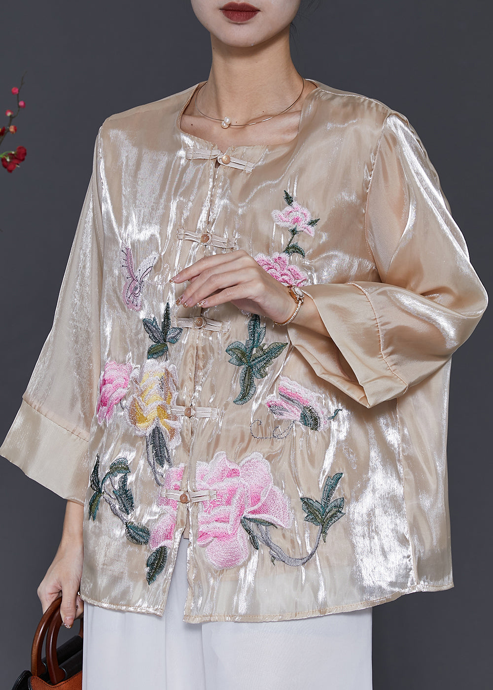 Chemise vintage en lin et soie brodée champagne printemps SD1050