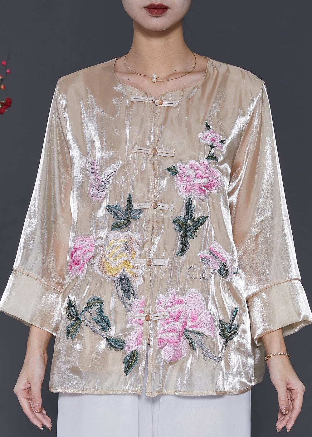Chemise vintage en lin et soie brodée champagne printemps SD1050