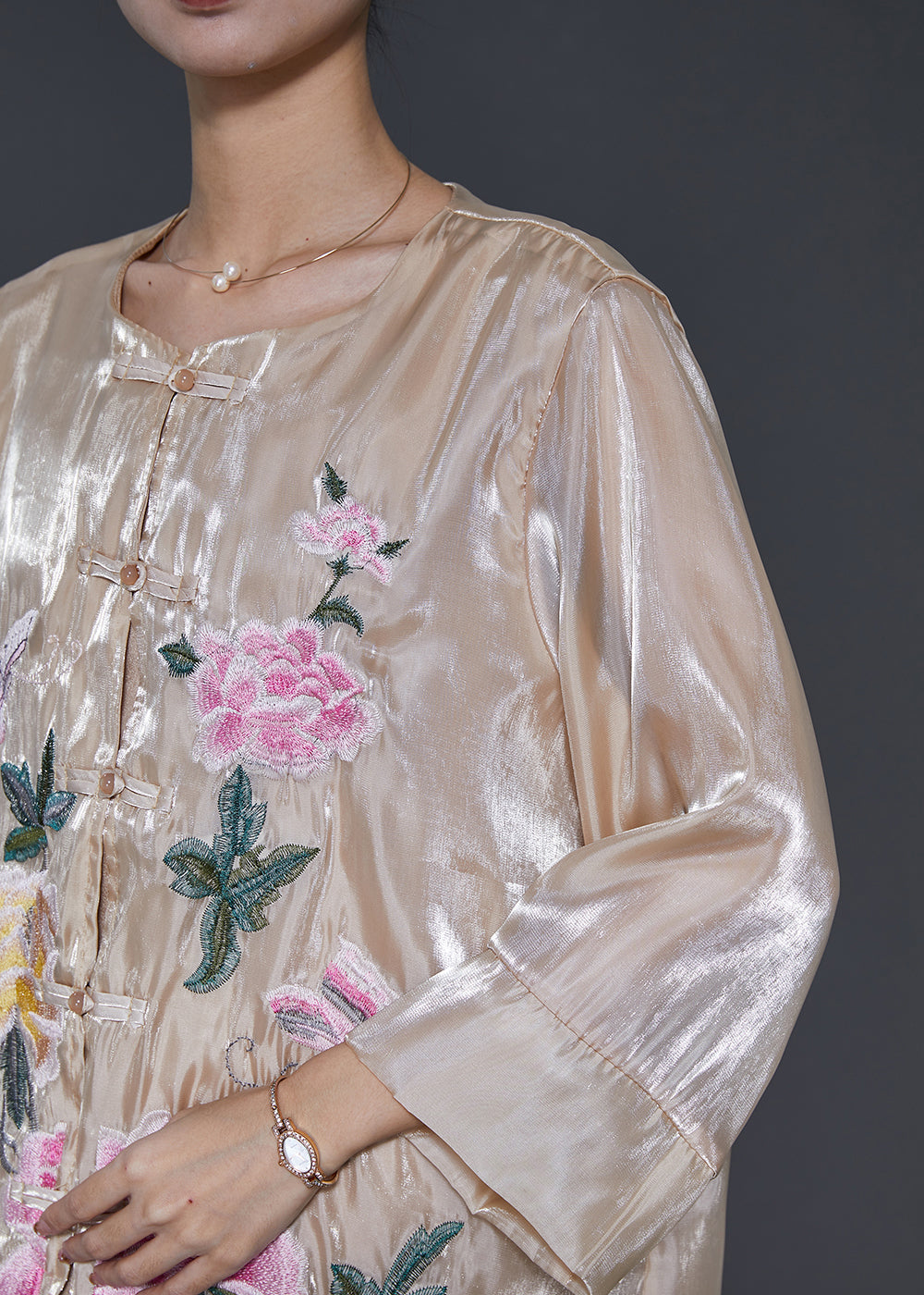 Chemise vintage en lin et soie brodée champagne printemps SD1050