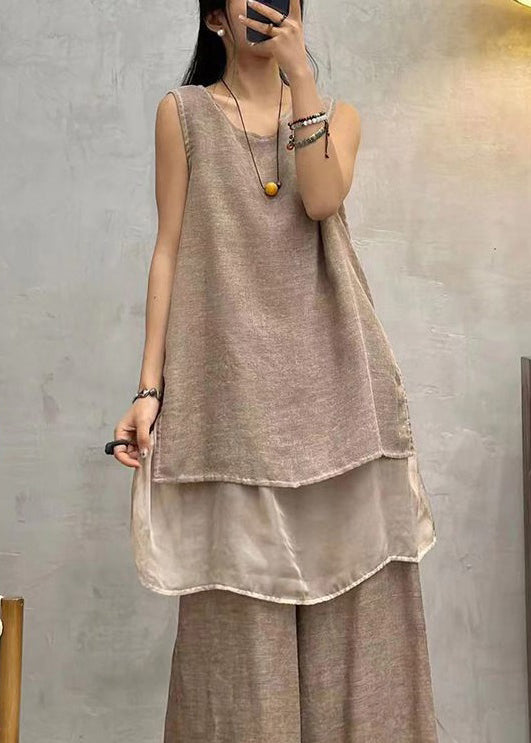 Vintage Kaffee O Neck Solid Patchwork Baumwolle Tops Ärmellos AU1042