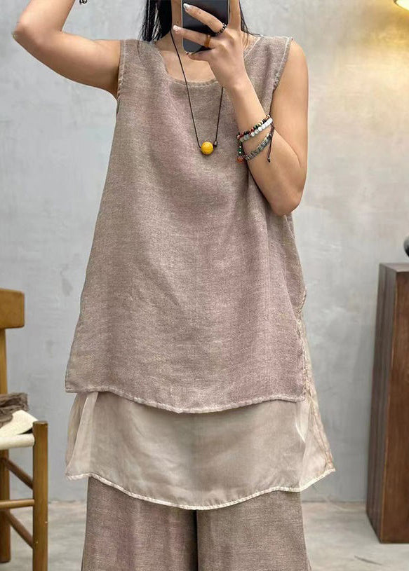 Vintage Kaffee O Neck Solid Patchwork Baumwolle Tops Ärmellos AU1042