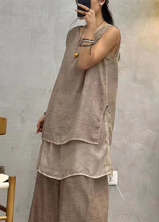 Vintage Kaffee O Neck Solid Patchwork Baumwolle Tops Ärmellos AU1042