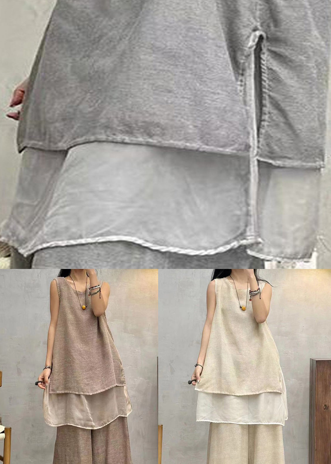 Vintage Kaffee O Neck Solid Patchwork Baumwolle Tops Ärmellos AU1042