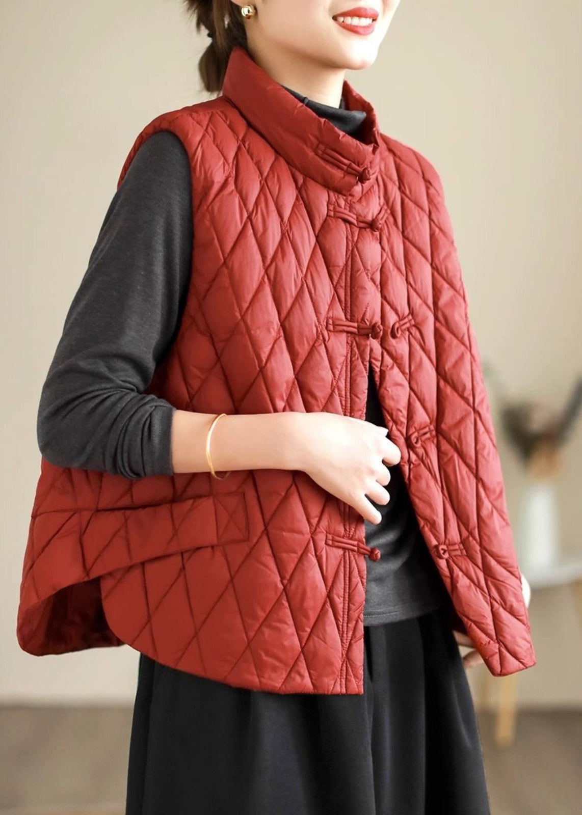 Gilet sans manches en coton fin à boutons style oriental vintage, style café, RU005