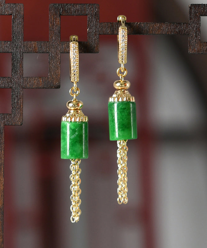 Vintage Gold Sterling Silver Overgild Inlaid Jade Tassel Drop Earrings KX1011
