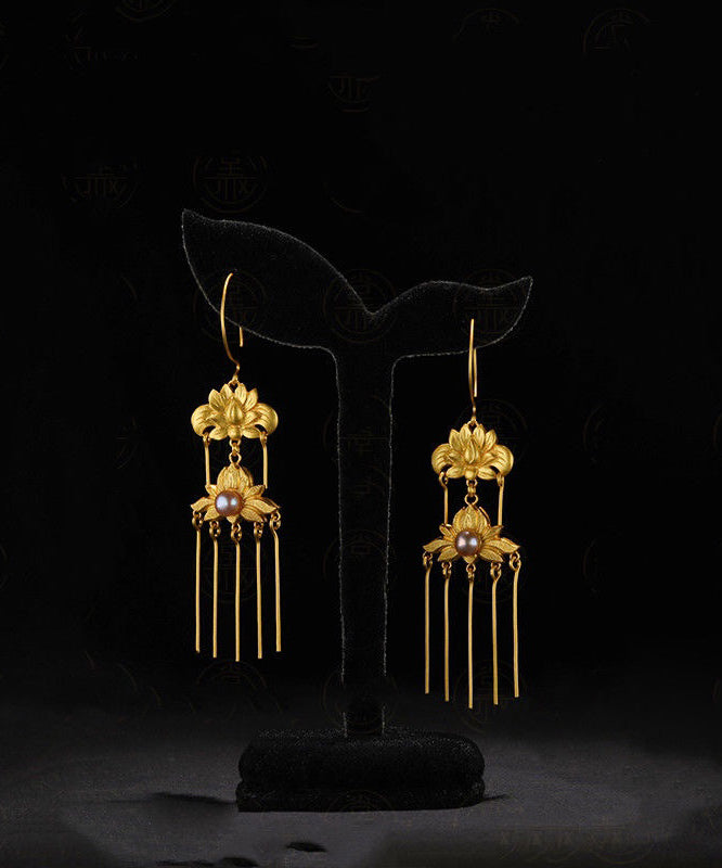 Vintage Gold Sterling Silver Overgild Pearl Floral Tassel Drop Earrings QQ007