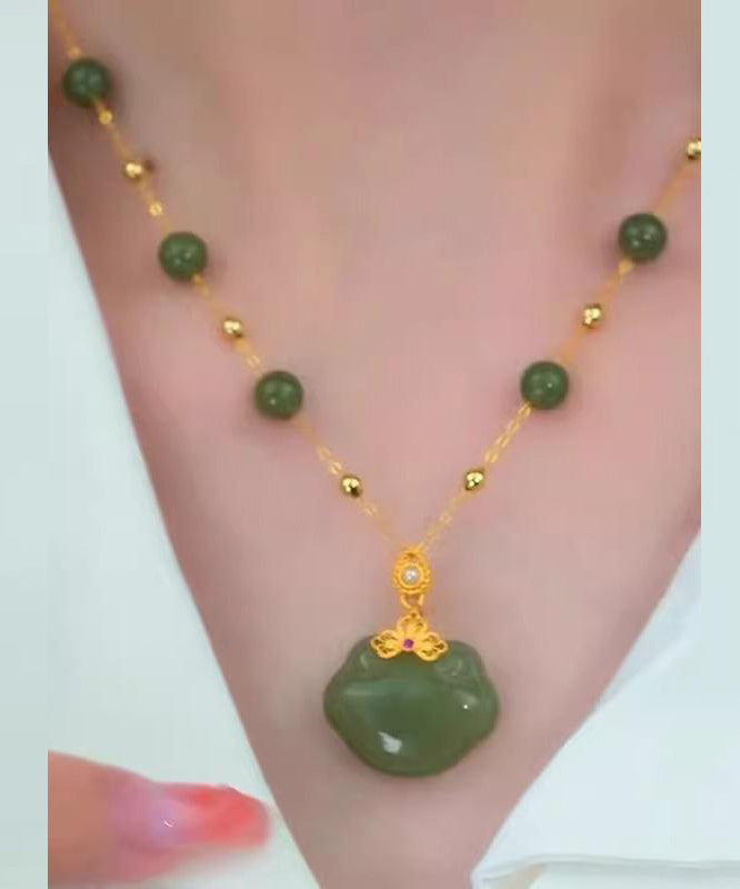Collier pendentif vintage en argent sterling vert et jade surdoré avec fermoir de sécurité YA040