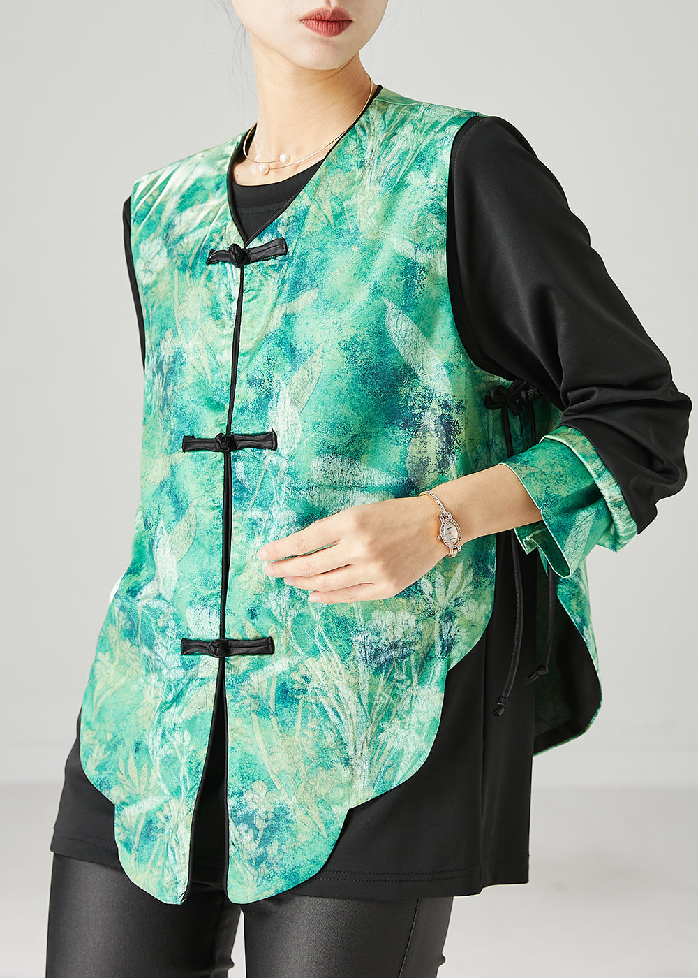 Vintage Green Tie Dye Chinese Button Women Sets 2 Pieces Spring YU1050