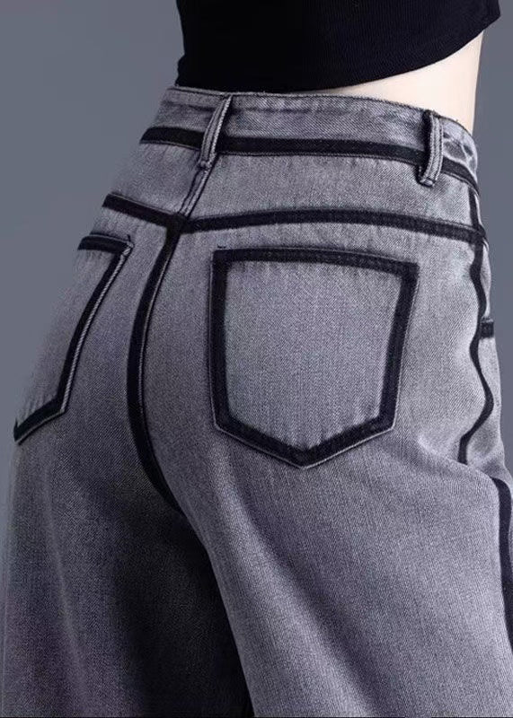 Vintage Grey Pockets High Waist Warm Fleece Pants Spring YW050