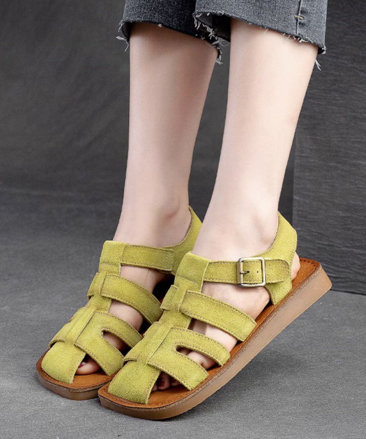 Cowhide Hollow Vintage Green Out Flat Leather Handmade Roman