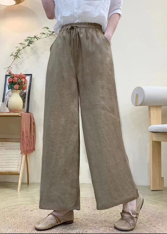 Pantalon Lin Droit Élastique Kaki Taille Été Vintage