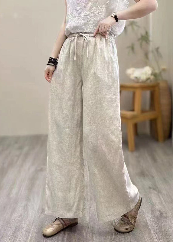 Pantalon Lin Droit Élastique Kaki Taille Été Vintage
