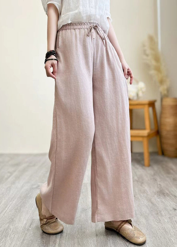 Pantalon Lin Droit Élastique Kaki Taille Été Vintage