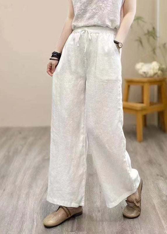 Pantalon Lin Droit Élastique Kaki Taille Été Vintage