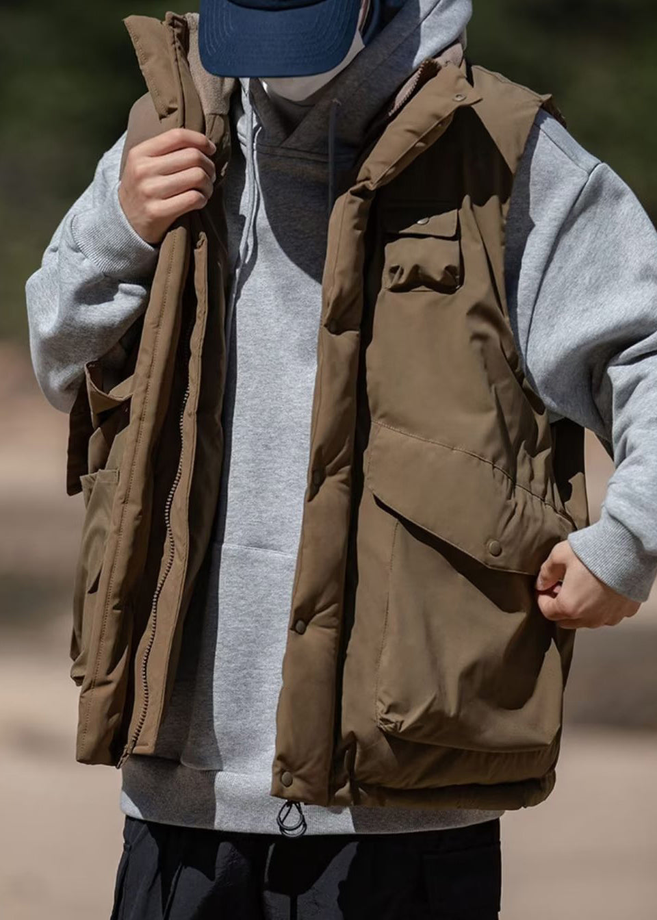 Gilet vintage kaki à col montant et poches en coton pour homme, hiver EQ033