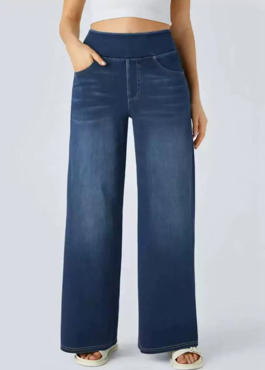 Pantalon large bleu clair élastique à jambes avec poches en denim vintage