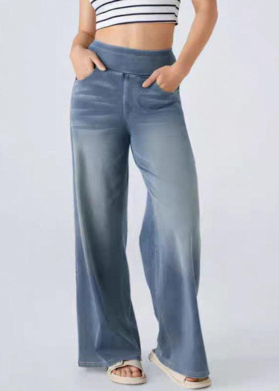 Pantalon large bleu clair élastique à jambes avec poches en denim vintage