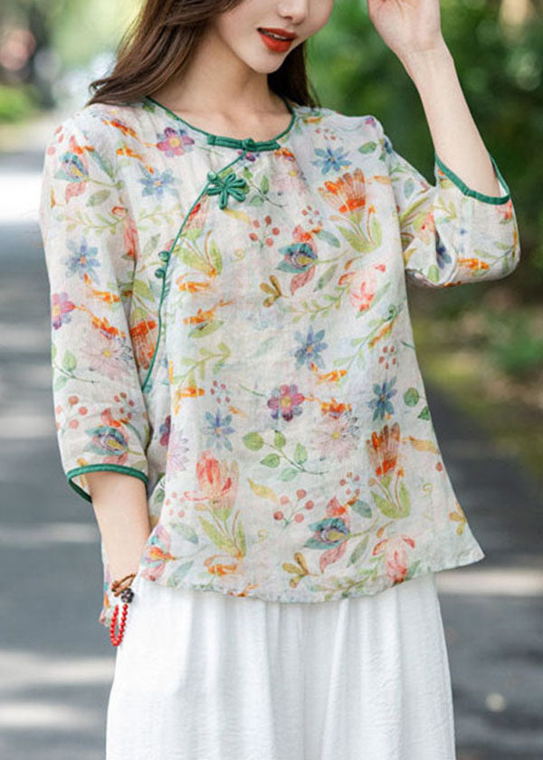 Vintage Pink Floral Linen Shirts Bracelet Sleeve AP058