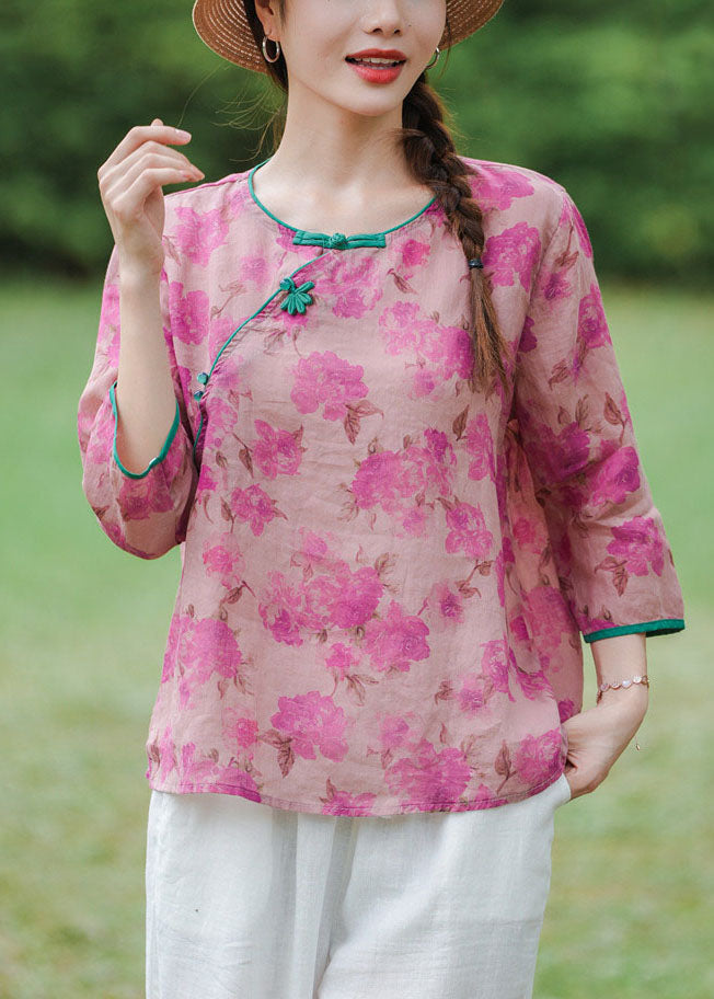 Vintage Pink Floral Linen Shirts Bracelet Sleeve AP058