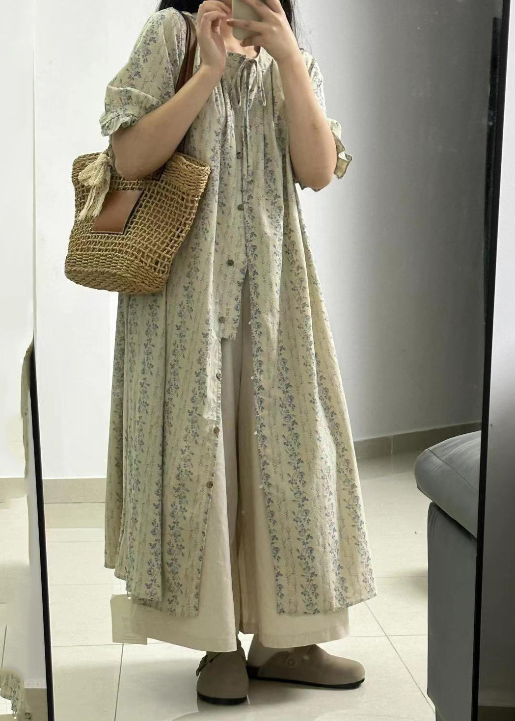 Vintage Light Green Print Button Long Shirts Dress And Skirts Two Piece Set Short Sleeve GH1034