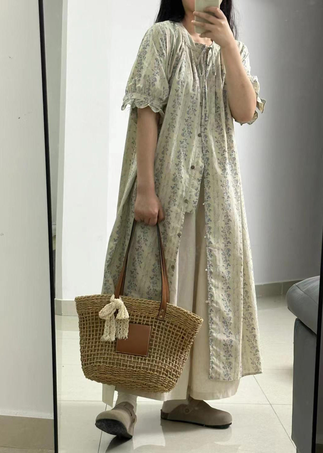 Vintage Light Green Print Button Long Shirts Dress And Skirts Two Piece Set Short Sleeve GH1034