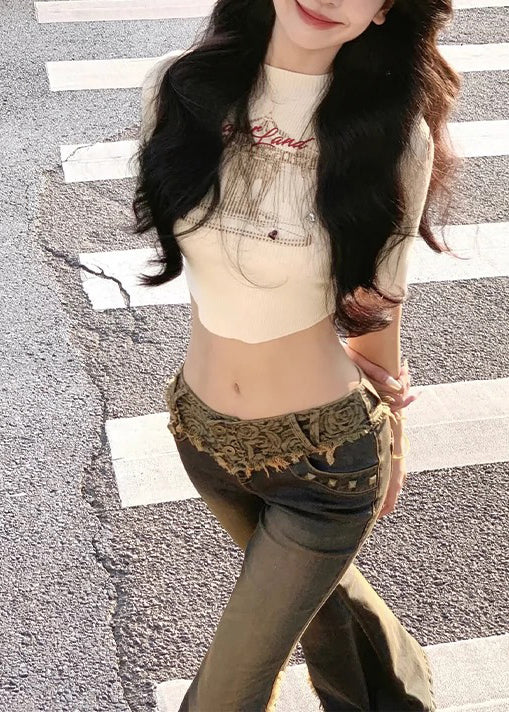 Vintage Niedrige Taille Patchwork Spitze Denim Schlaghose Frühling YF027