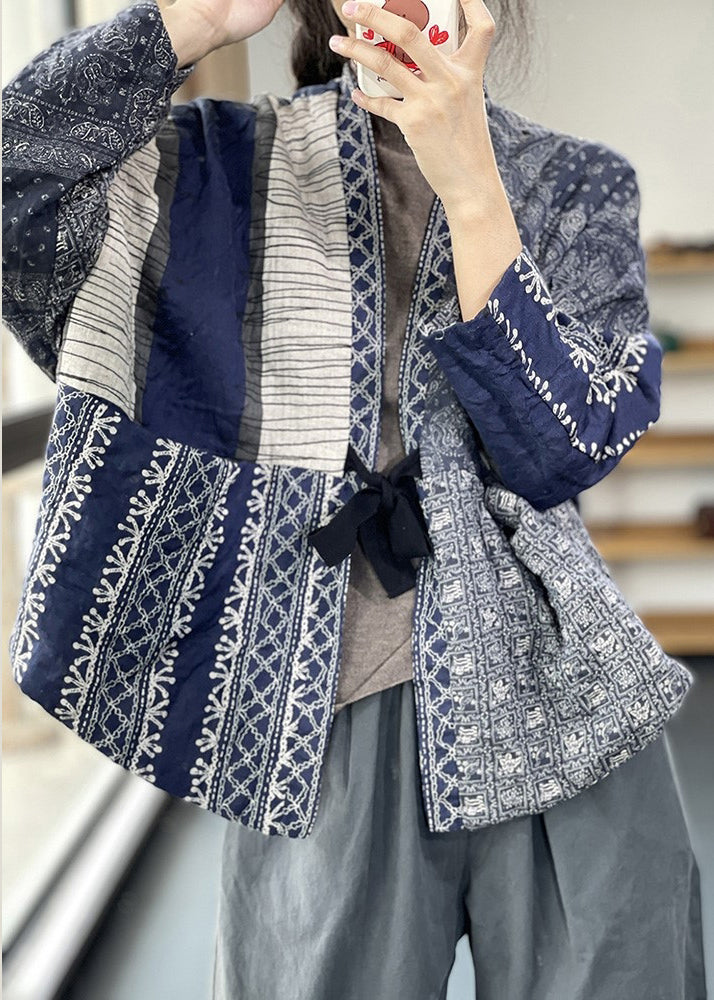 Vintage Navy Oversized Print Fine Cotton Filled Jackets Spring OO013