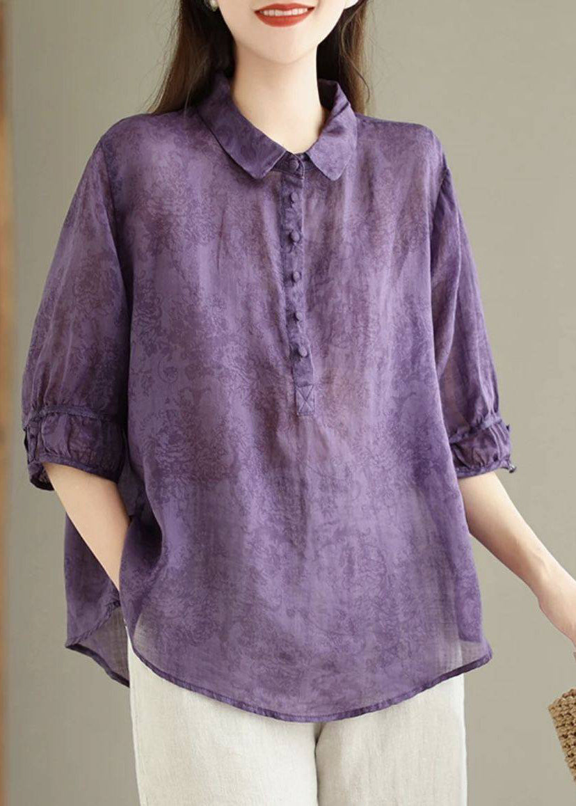 Navy Pan Collar Summer Cotton Vintage Print Peter Shirt Top