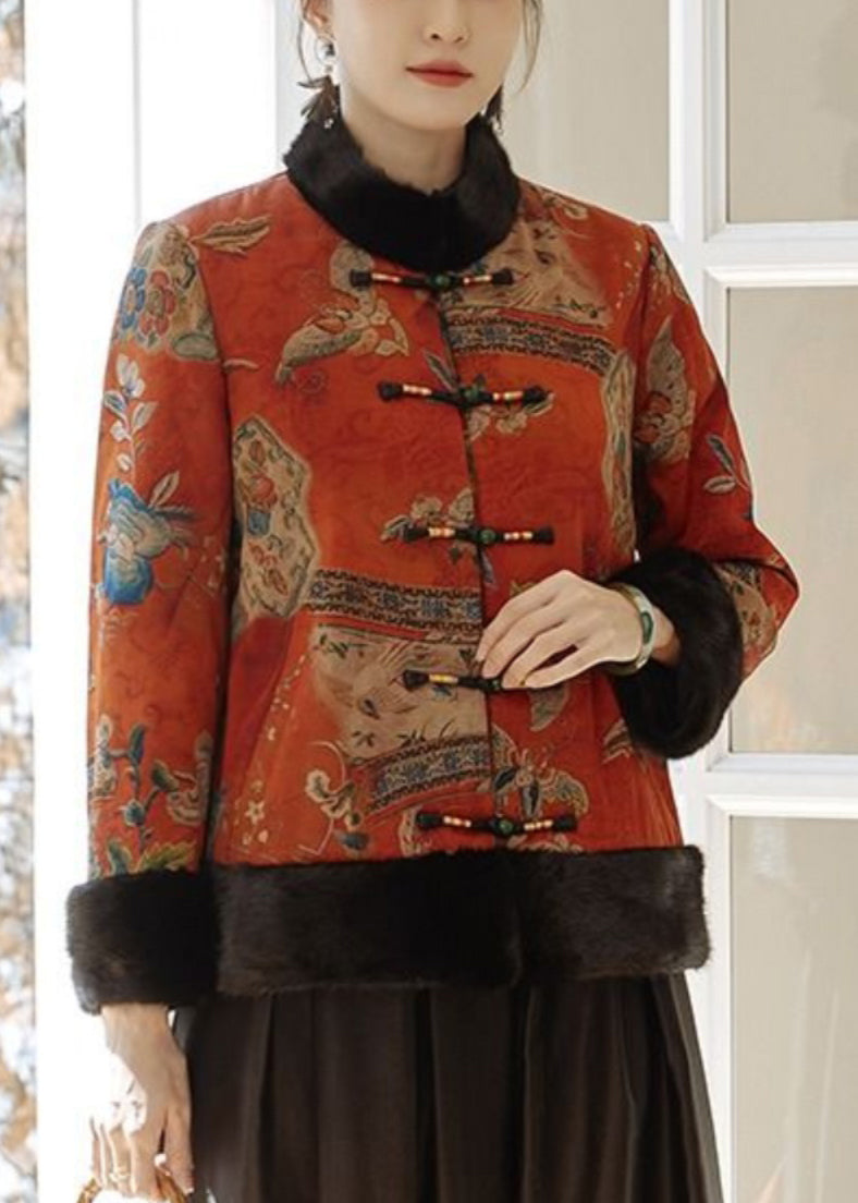 Vintage Orange Button Patchwork Parkas Winter RZ014