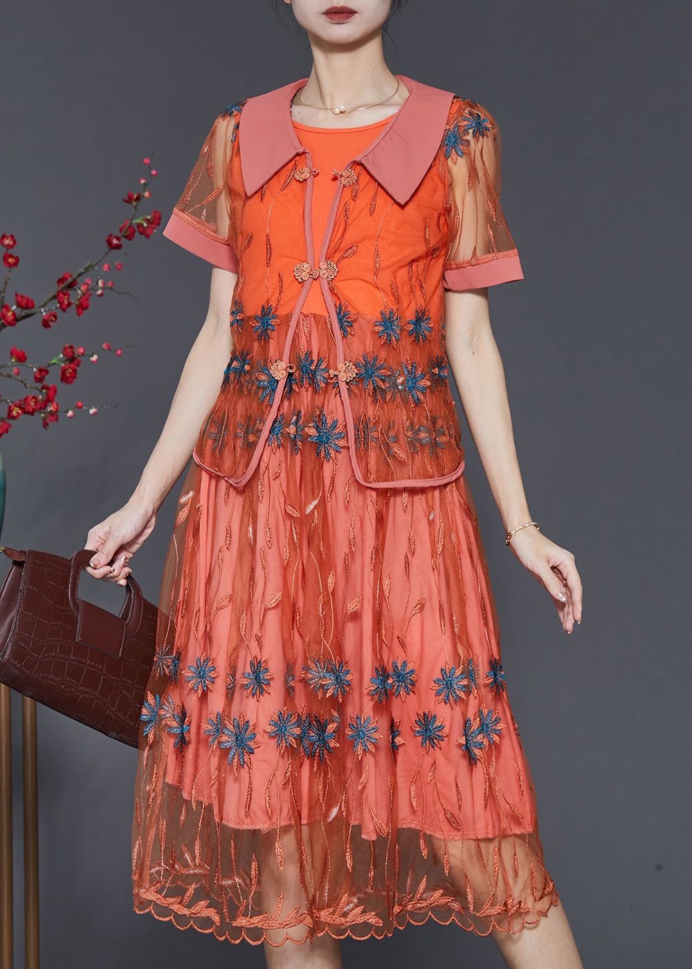 Vintage Orange Embroidered Patchwork Tulle Dresses Two Piece Set Summer SD1061