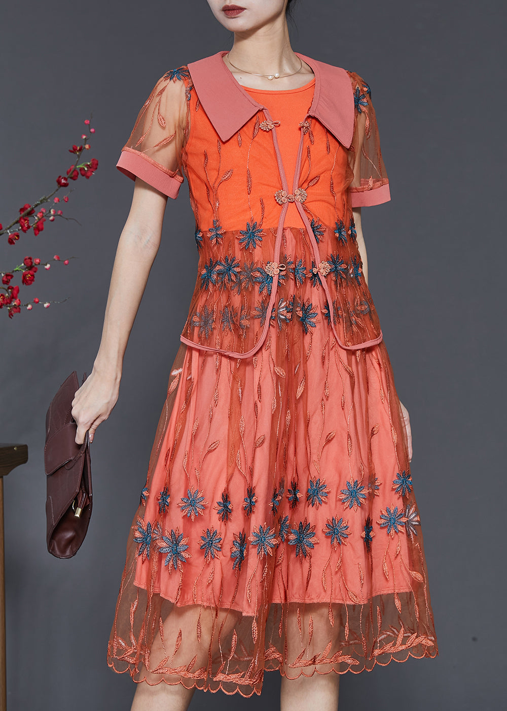 Vintage Orange Embroidered Patchwork Tulle Dresses Two Piece Set Summer SD1061